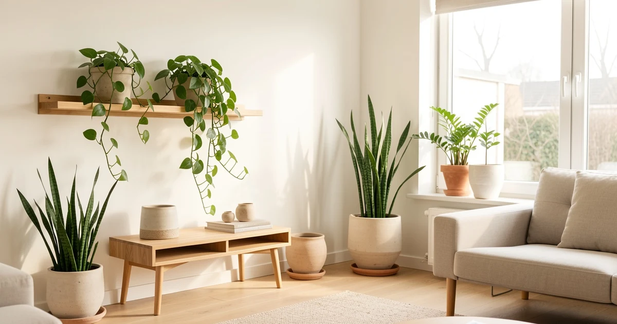 Salón minimalista con plantas resistentes en macetas de cerámica junto a ventana