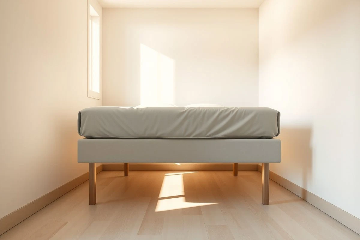 Small elevated bed with visible space underneath the frame