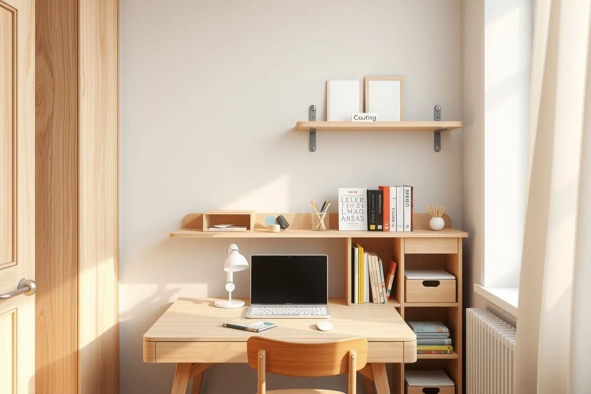 Imagen ilustrativa: zona de escritorio con luz directa ajustable y estanterías flotantes
