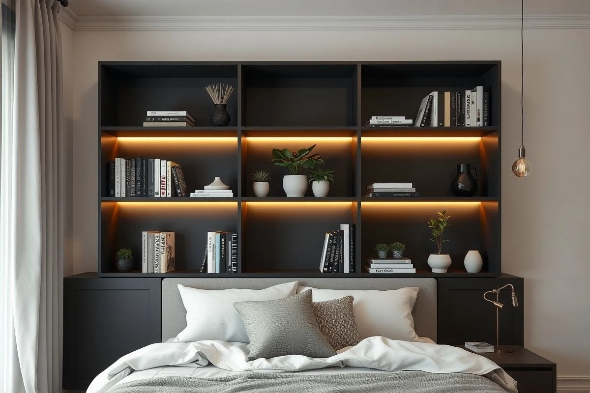 Pared de acento oscura con estantería organizada y plantas