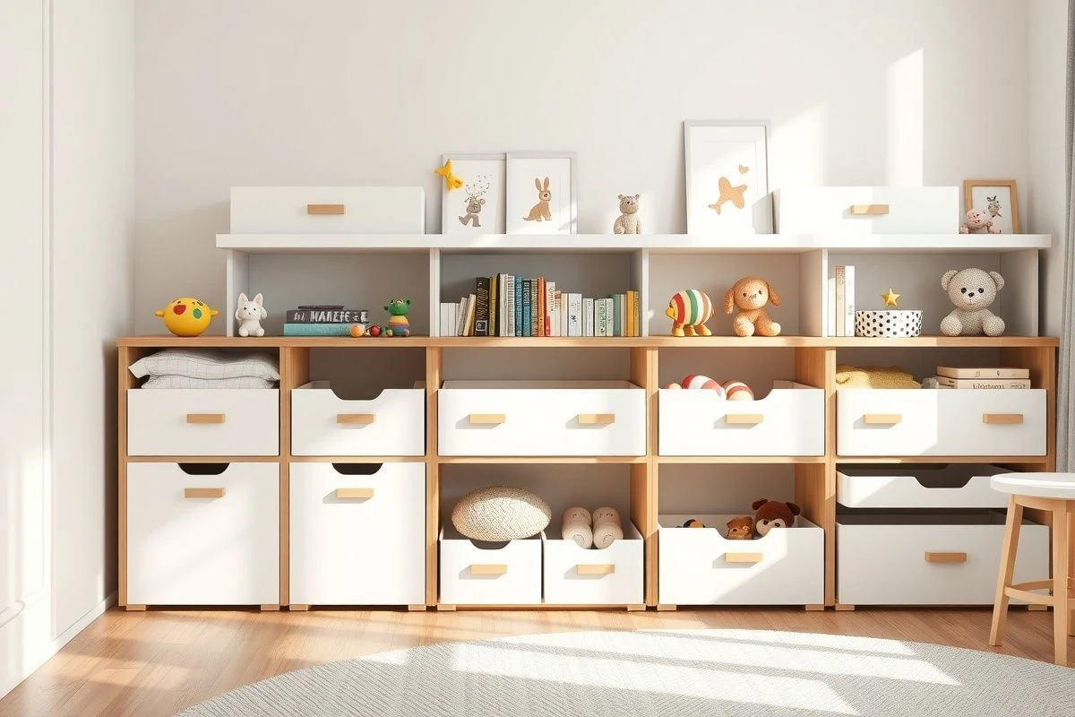 Imagen ilustrativa: sistema de almacenaje modular con cajas etiquetadas en tonos neutros