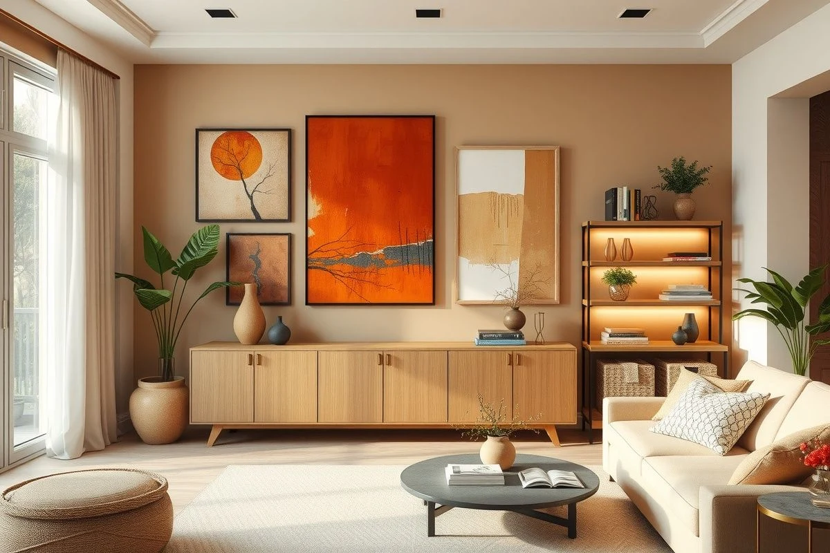 Earth tone living room with contemporary art, green plants and strategic decorative objects