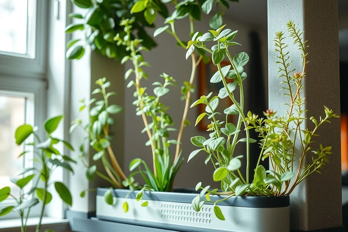 Plantas sanas en jardín vertical con sistema de drenaje en la base
