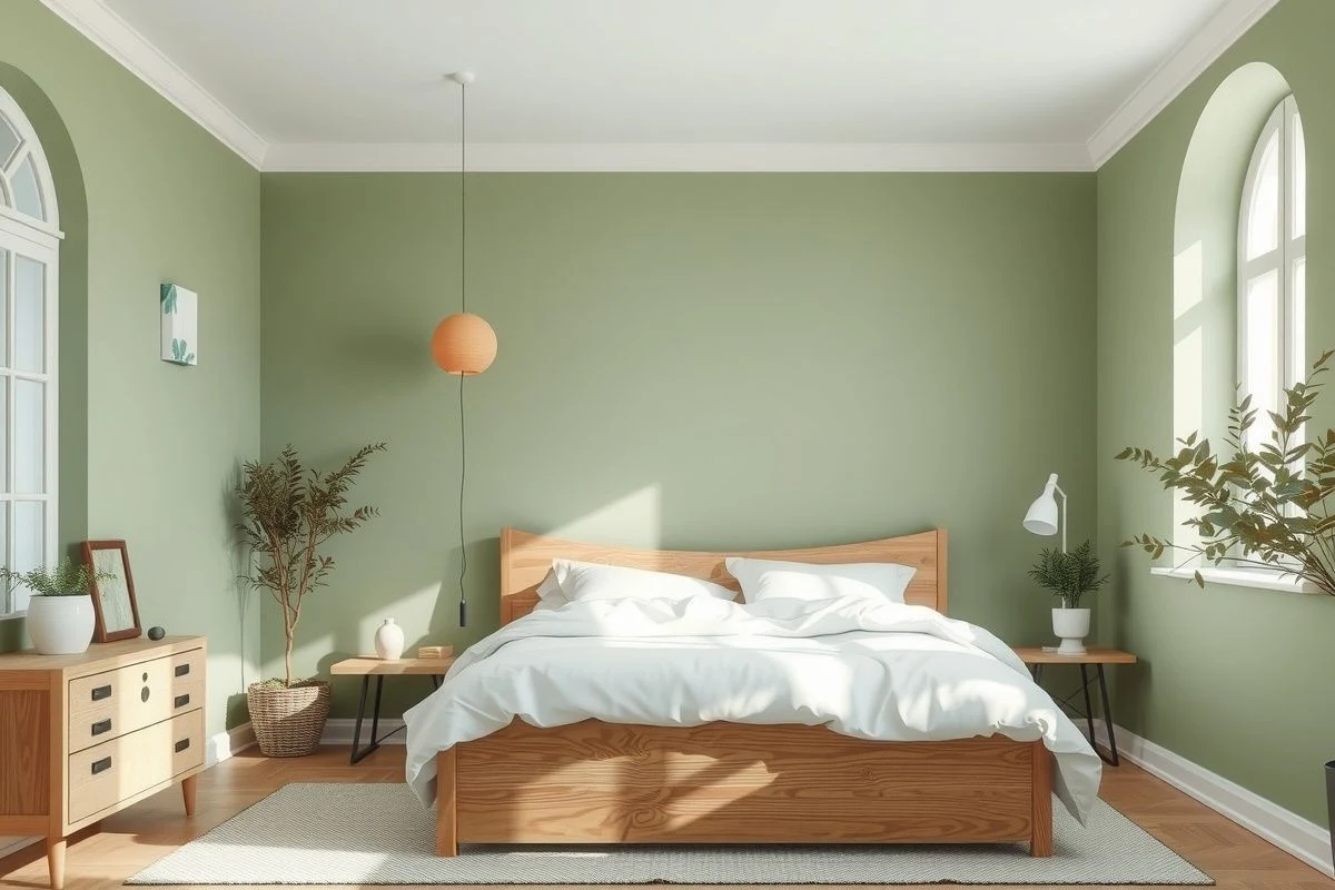 Bedroom with sage green walls and natural textiles