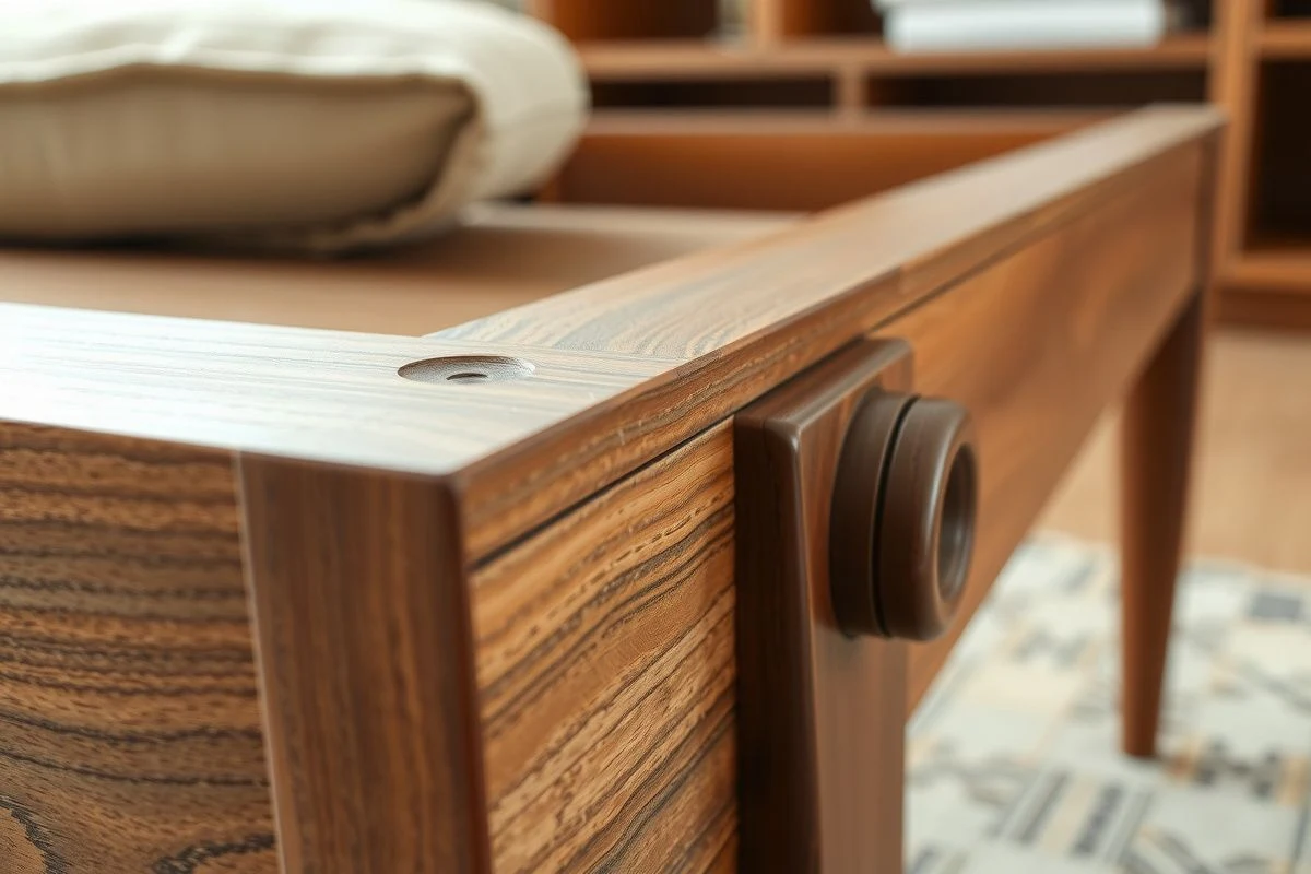 Detalles de construcción de mueble vintage: madera maciza, ensambles visibles, herrajes antiguos