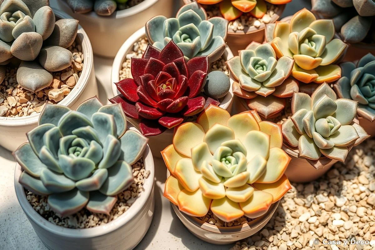 Arrangement of succulents and sedums in gray, red and green tones with mulch