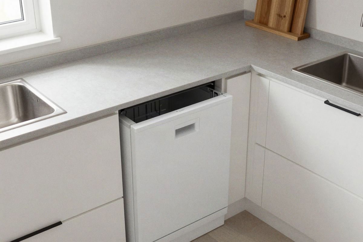 Illustrative image: small kitchen under 6 square meters with compact integrated dishwasher in overall layout.