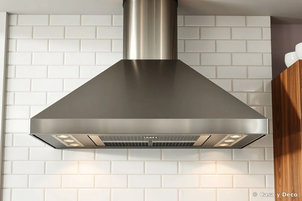 Campana extractora de acero inoxidable en cocina moderna.