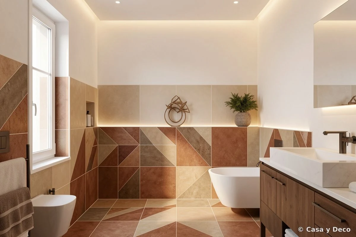 Baño con azulejos hidráulicos de formato grande para reducir saturación visual