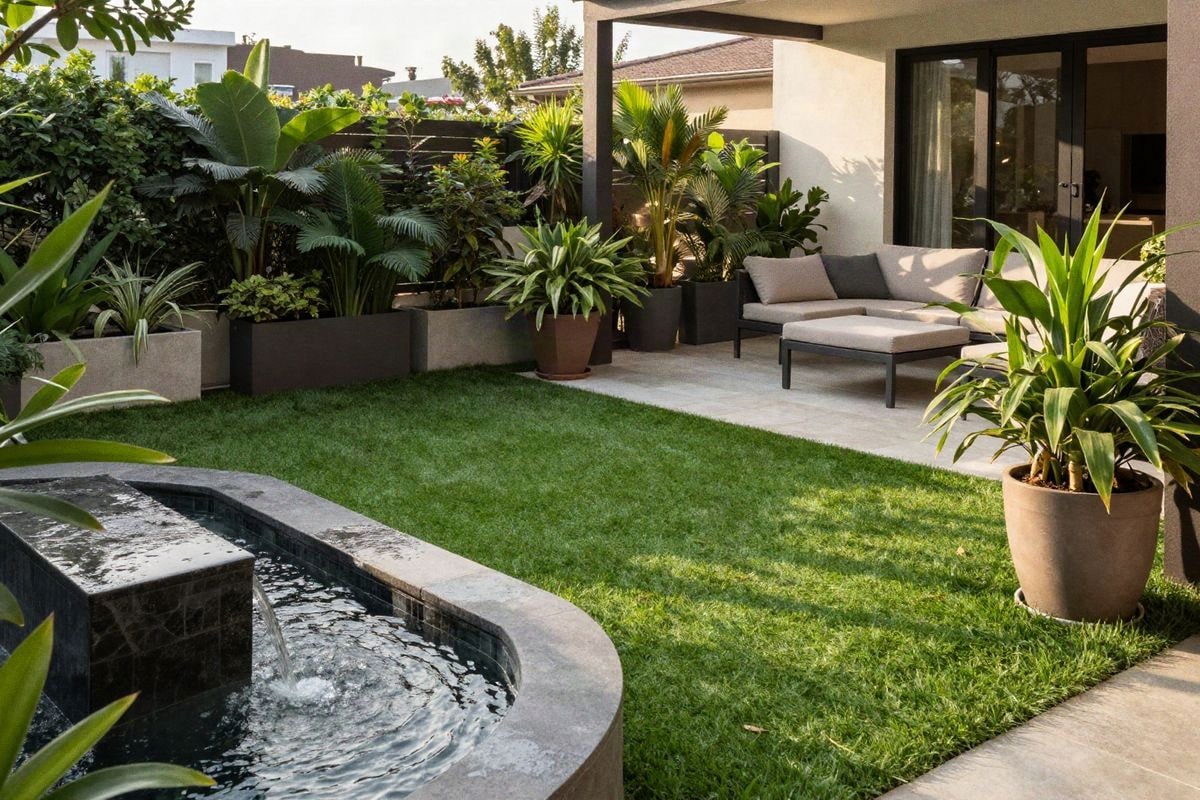 Imagen ilustrativa: terraza decorativa con césped artificial, plantas y pequeña fuente.