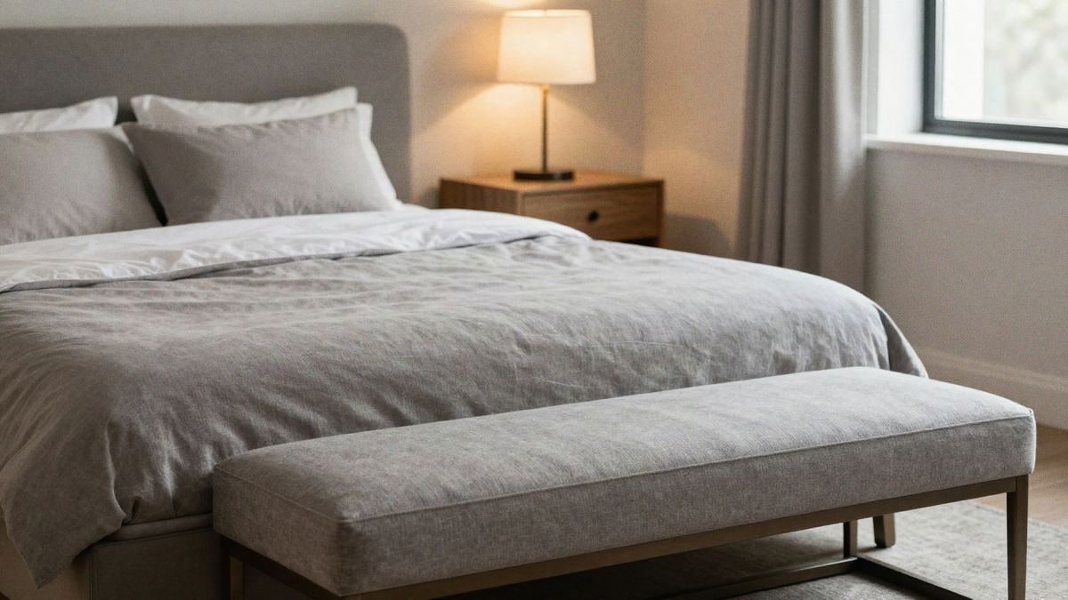Imagen ilustrativa: Dormitorio moderno con banco tapizado gris al pie de la cama