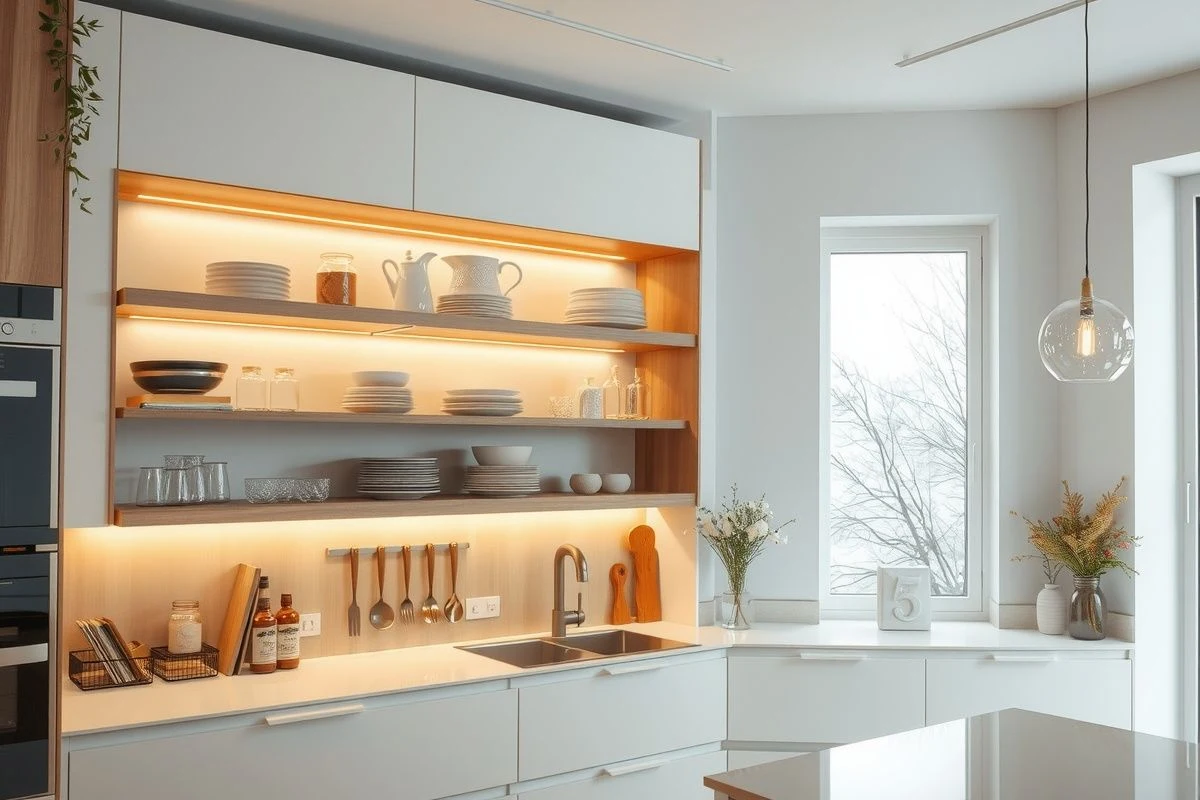 Estanterías abiertas y armarios altos con iluminación LED en cocina moderna