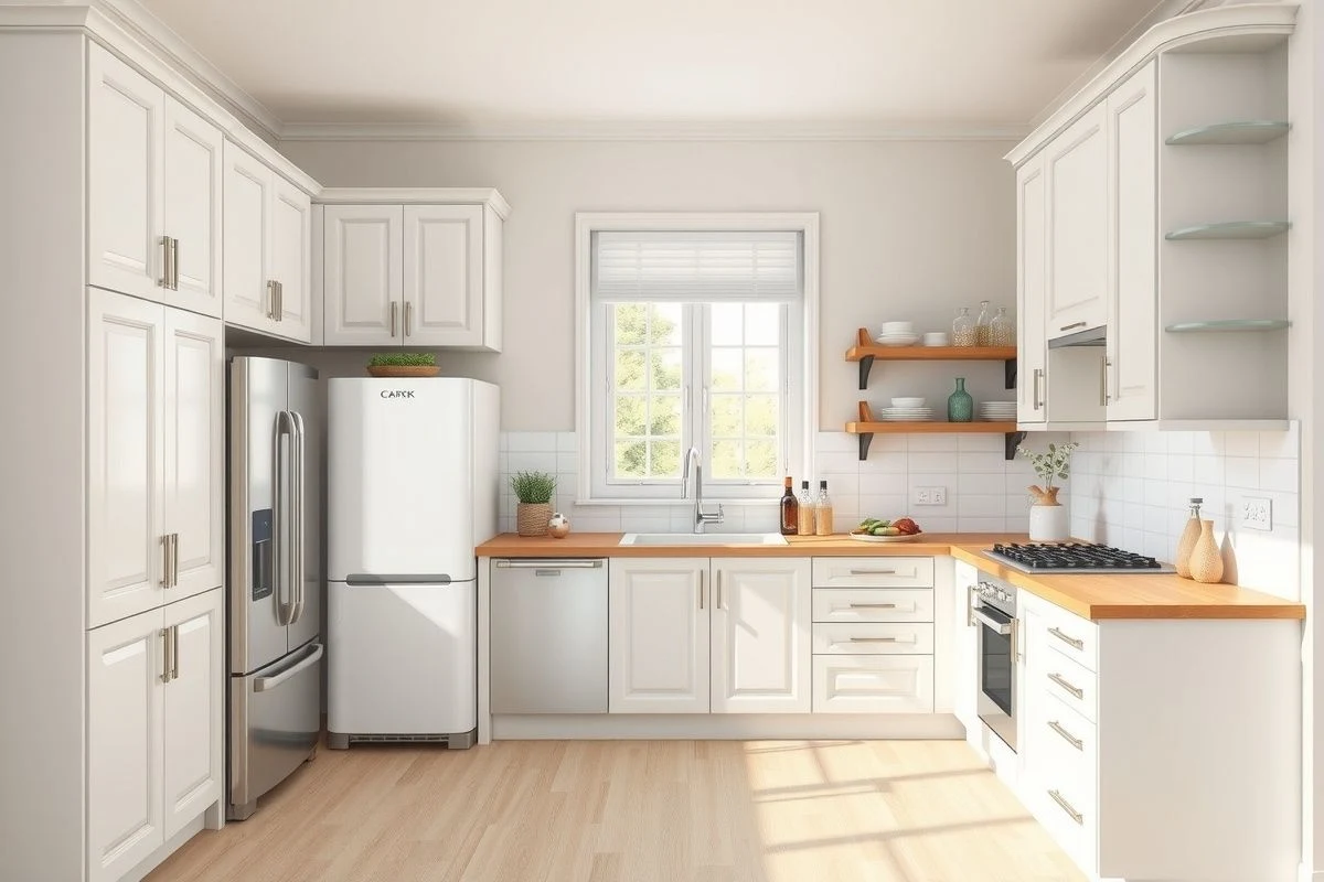 Imagen ilustrativa: distribucion completa de cocina en U con posicionamiento de electrodomesticos