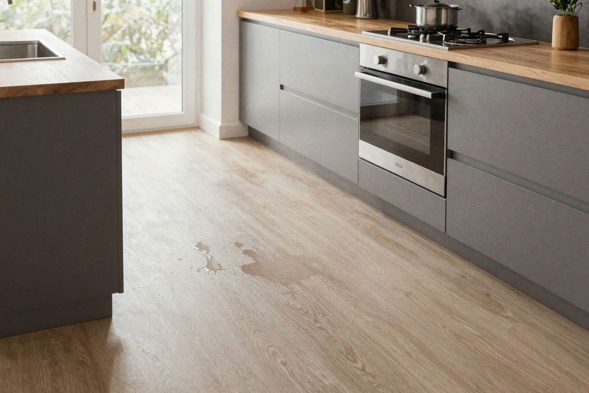 Illustrative image: Water on vinyl flooring in a modern kitchen.