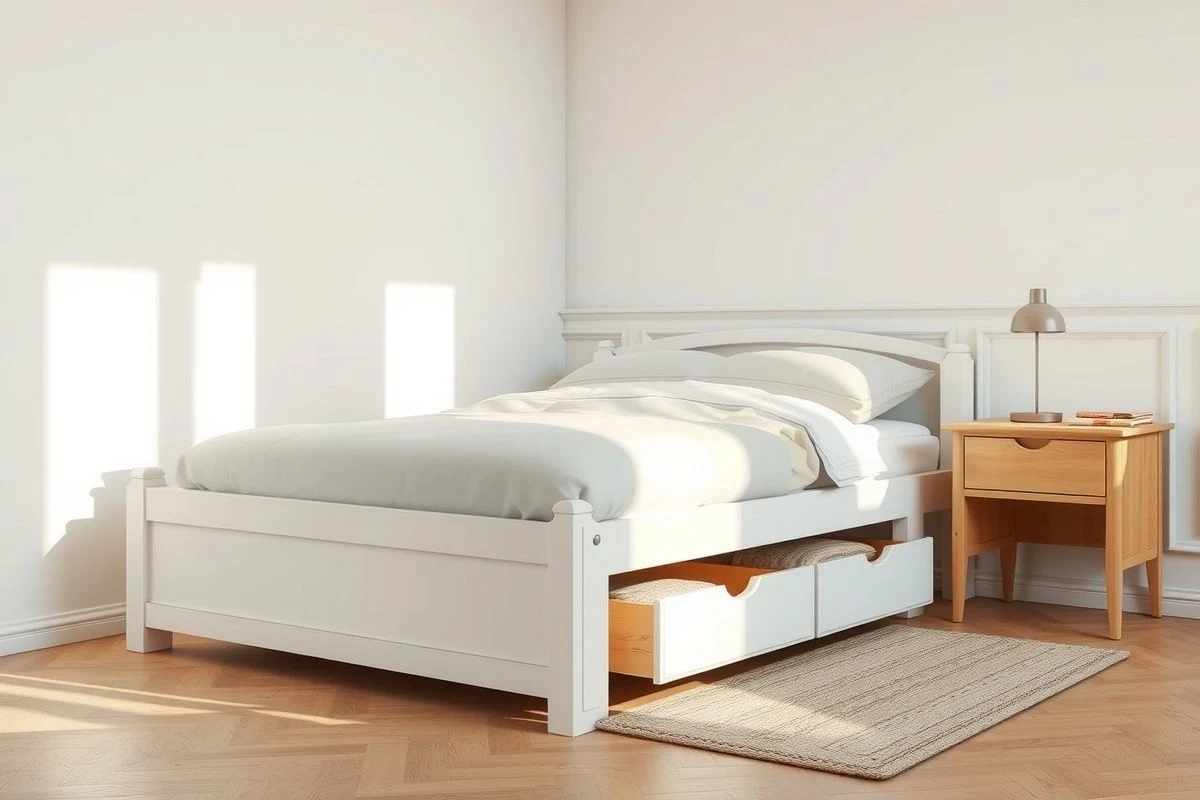 Dormitorio pequeño con cama con cajones de almacenaje integrados