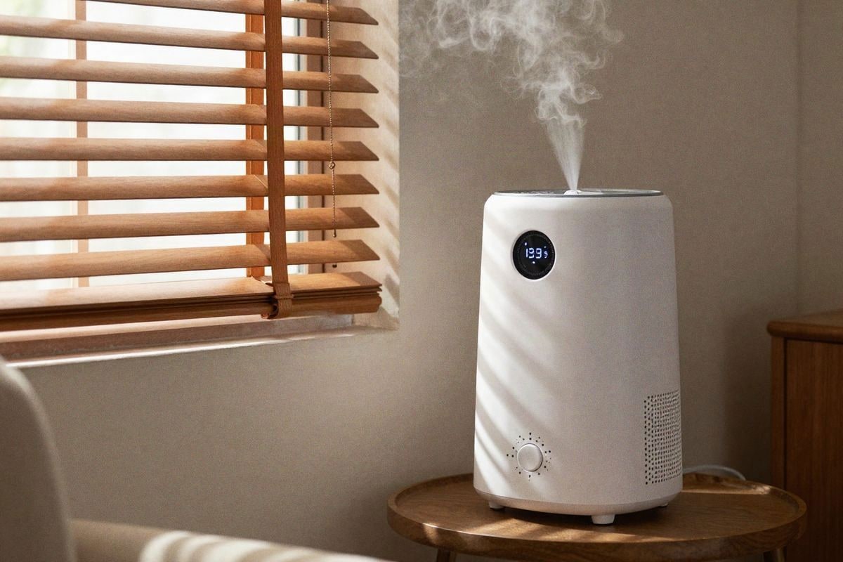Imagen ilustrativa: humidificador en salón con persianas de madera