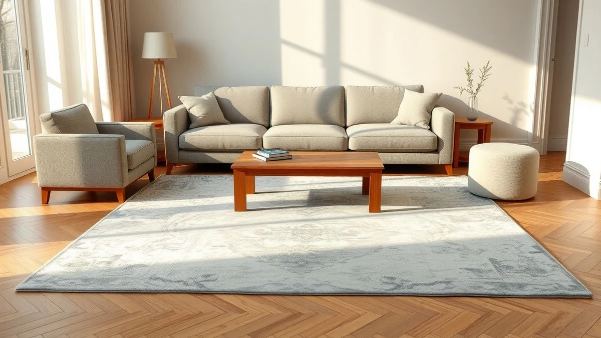 Imagen ilustrativa: salón con alfombra correctamente dimensionada bajo el sofá