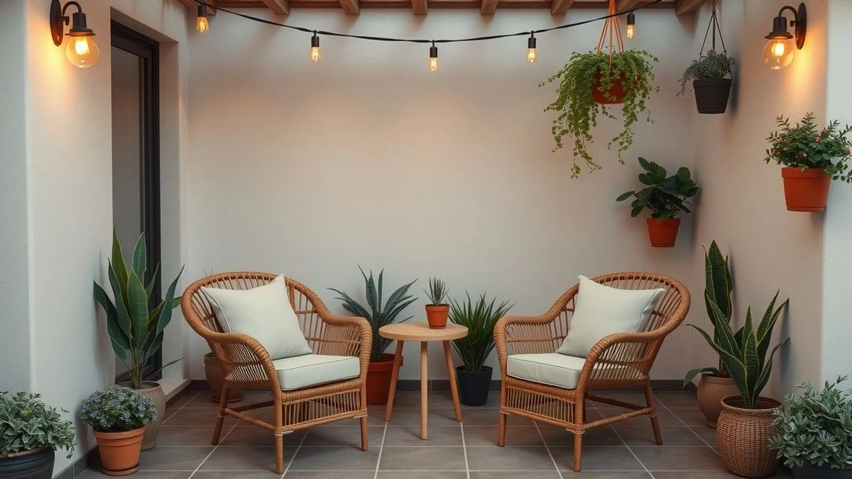 Cozy small terrace with rattan chairs, warm lighting, and plants