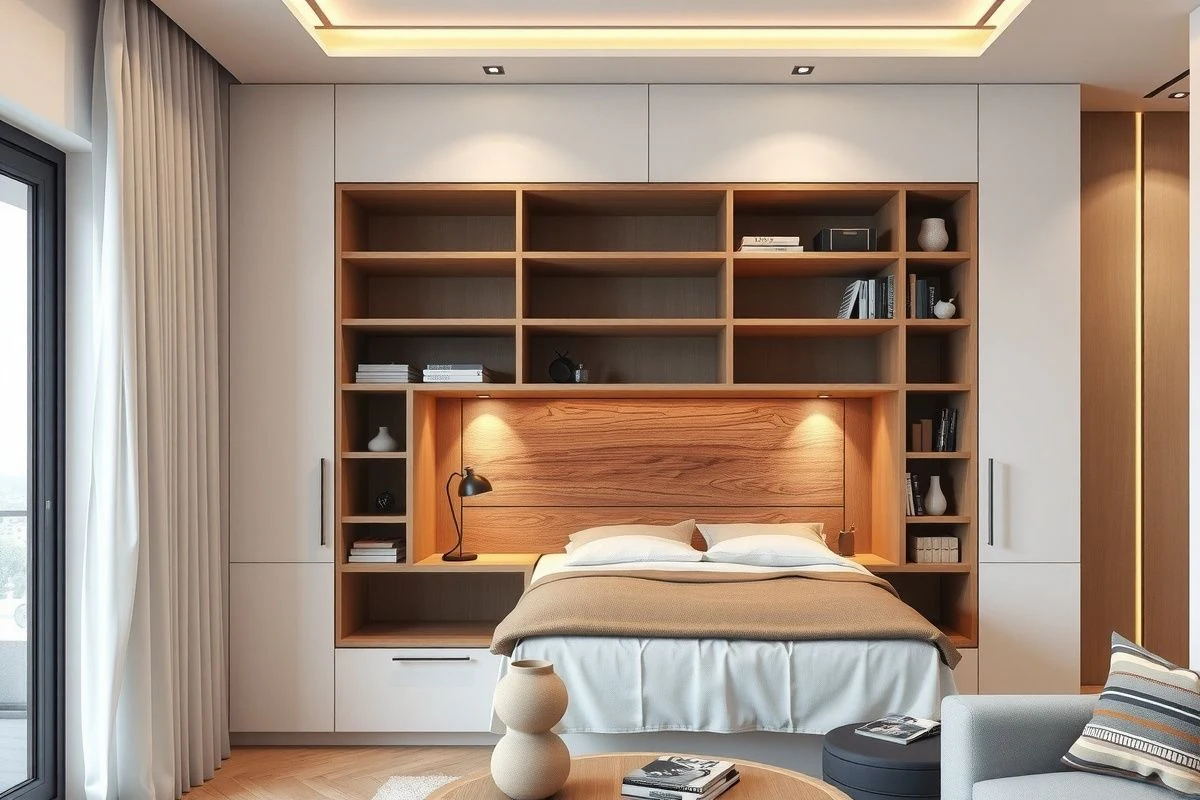 Murphy bed integrated with shelving and workspace