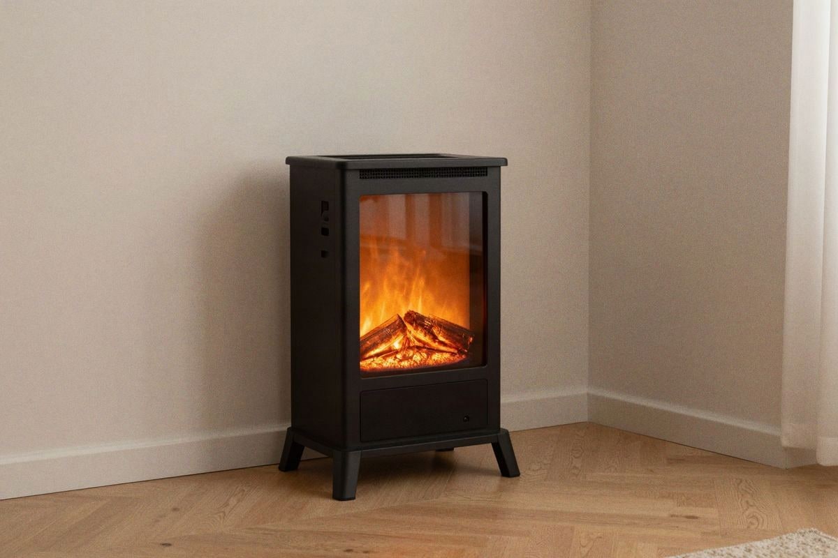 Imagen ilustrativa: estufa eléctrica tipo chimenea en rincón del salón