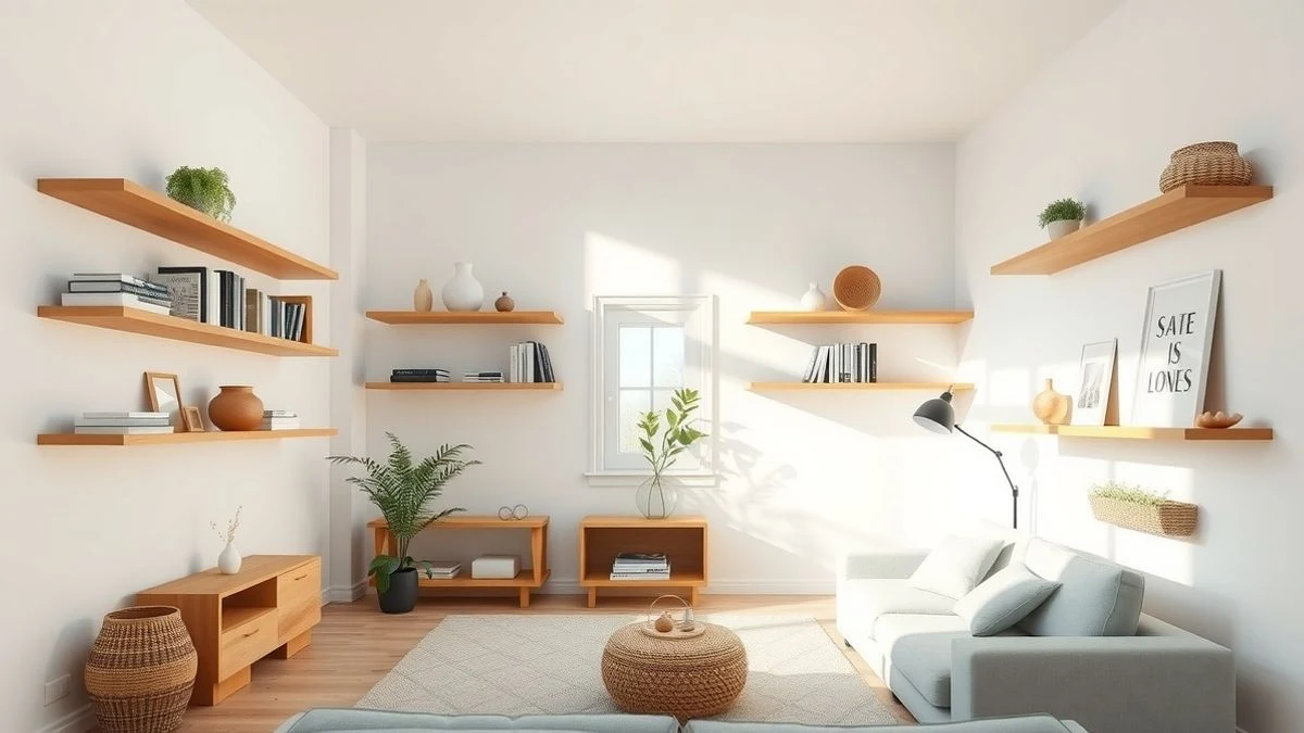 Modern living room with floor-to-ceiling floating shelves