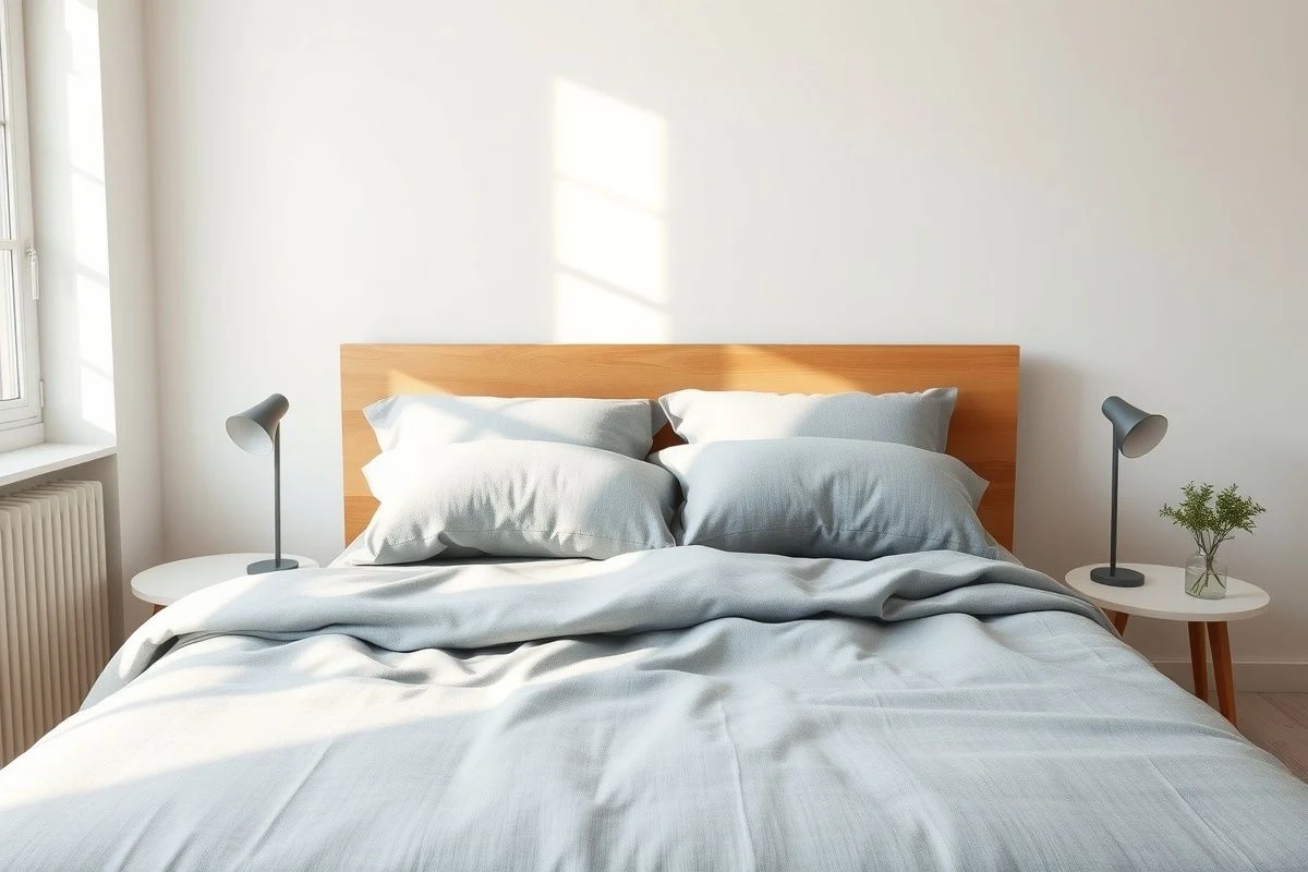 Cama con sábanas de algodón gris claro y almohadas azul pálido en dormitorio luminoso.