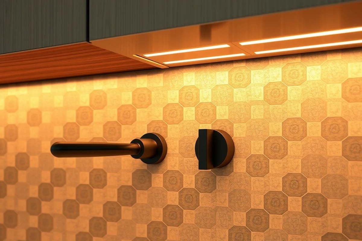 Detalle de tiradores negros modernos y azulejo metalizado en cocina