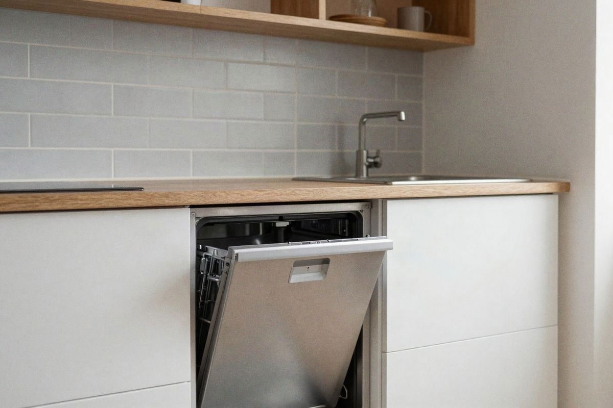 Illustrative image: minimalist kitchen with compact integrated dishwasher next to stainless steel sink.