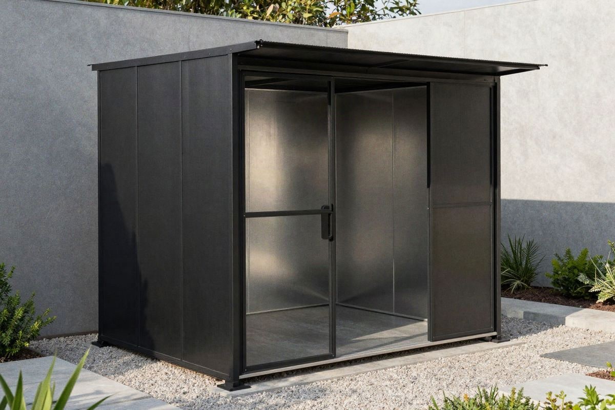 Imagen ilustrativa: cobertizo metálico gris antracita con líneas limpias en jardín moderno