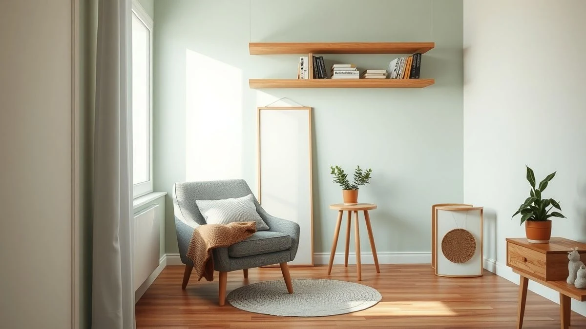 Imagen ilustrativa: Rincón acogedor junto a ventana con sillón compacto y estanterías flotantes