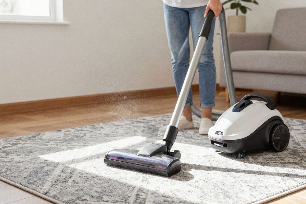 Illustrative image: vacuuming a carpet with powerful cleaner