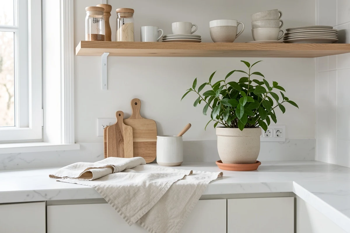Encimera ordenada con trapos de lino y planta decorativa