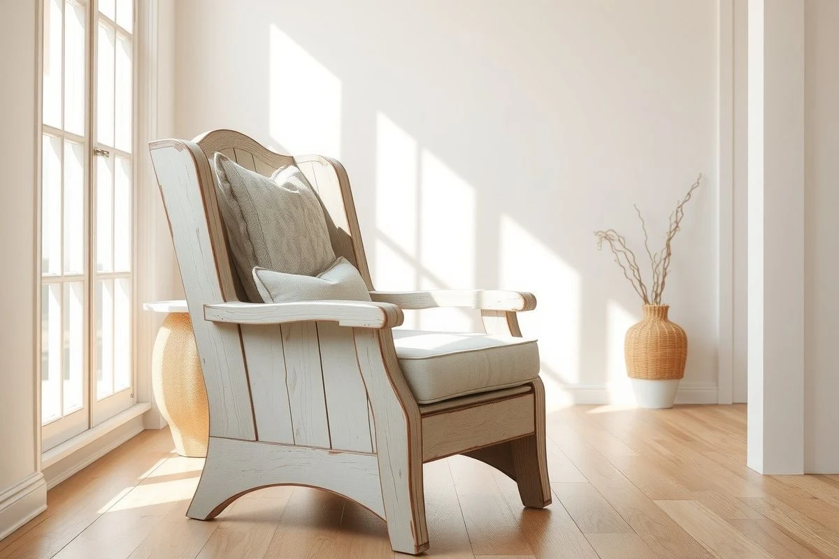 Silla con acabado decapé en tonos crema y gris restaurada