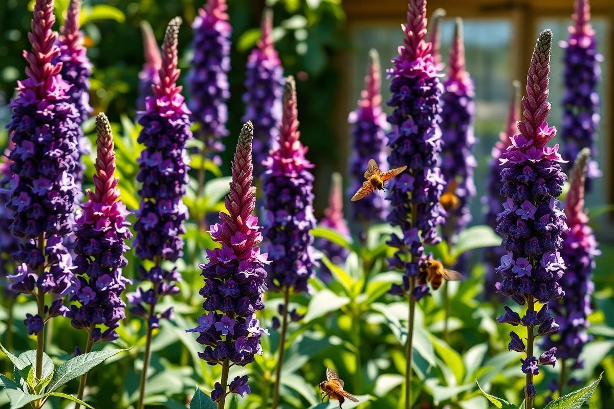 Arbusto de las mariposas con flores violetas y polinizadores