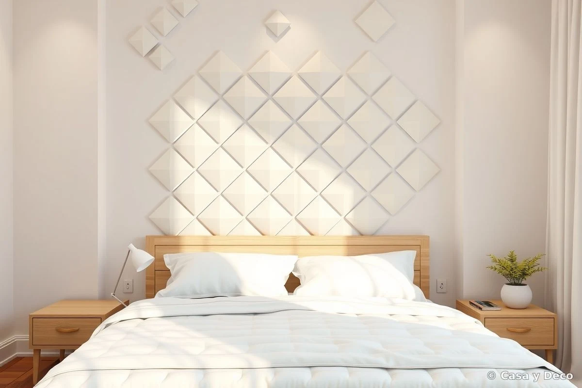 Pared de cabecero con paneles geométricos 3D en blanco y relieve