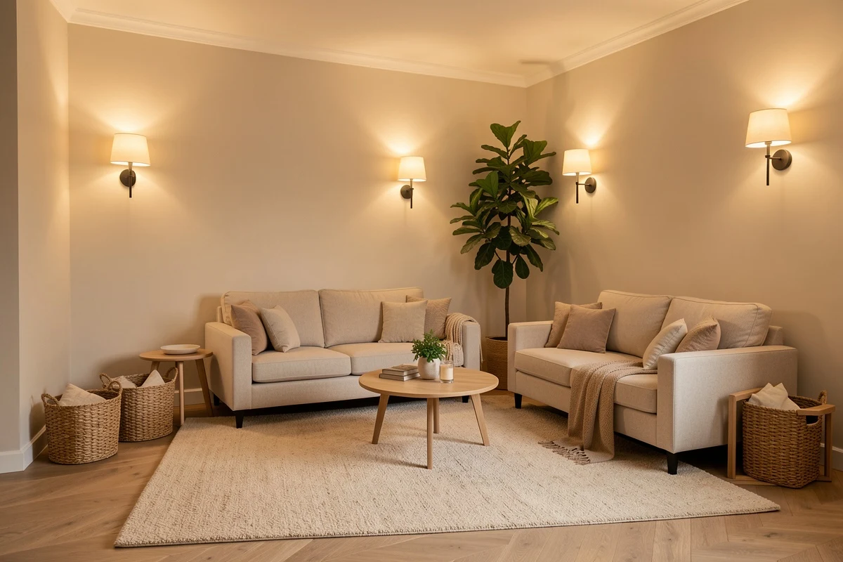 Small living room with defined functional zones and smart organization