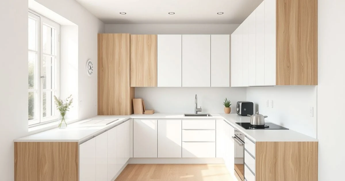 Cocina organizada sin isla central con distribución en L y almacenamiento vertical