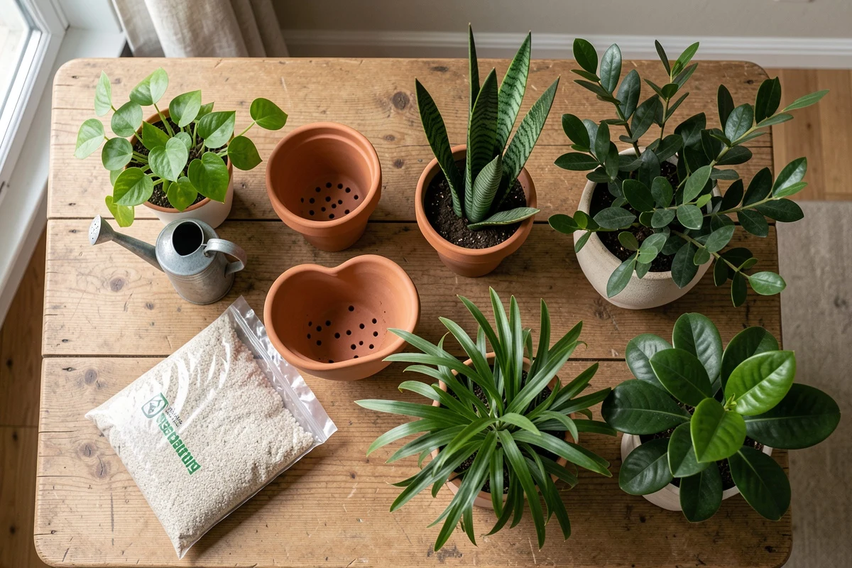 Gardening table with drainage pots, soil, and five indoor plants