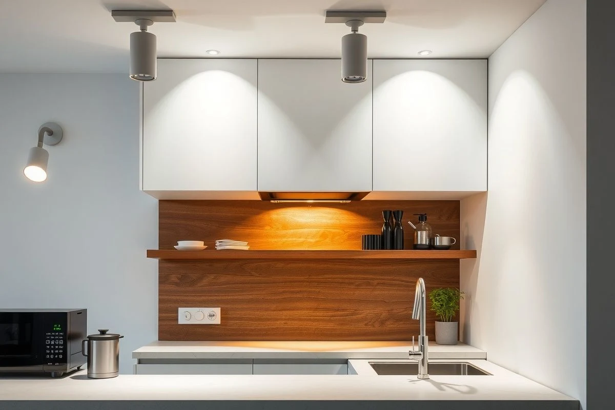 Sistema de iluminación multicapa en cocina: luz general, de trabajo y ambiental