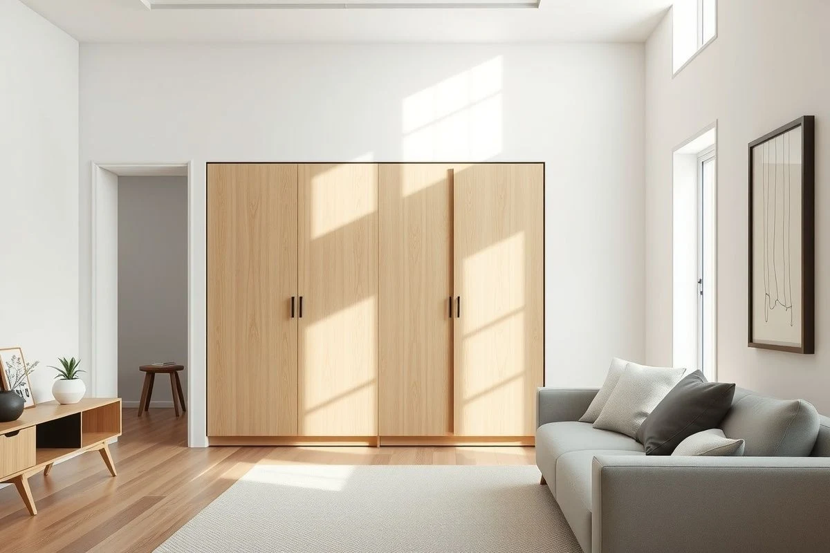 Imagen ilustrativa: salón minimalista con armario cerrado de madera en tono nórdico.