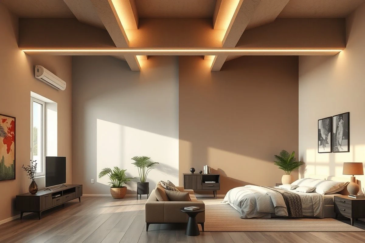 Imagen ilustrativa: loft dividido por colores y luz, sin paredes físicas.