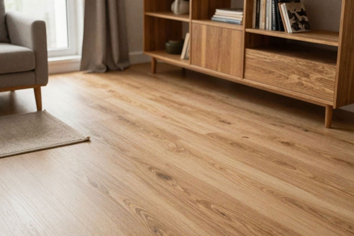 Illustrative image: Living room with light wood-effect laminate flooring.
