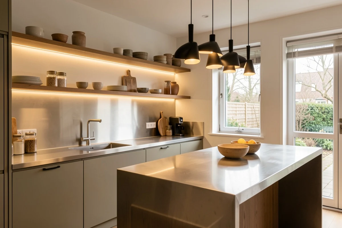 Iluminación LED moderna bajo muebles altos con lámpara colgante