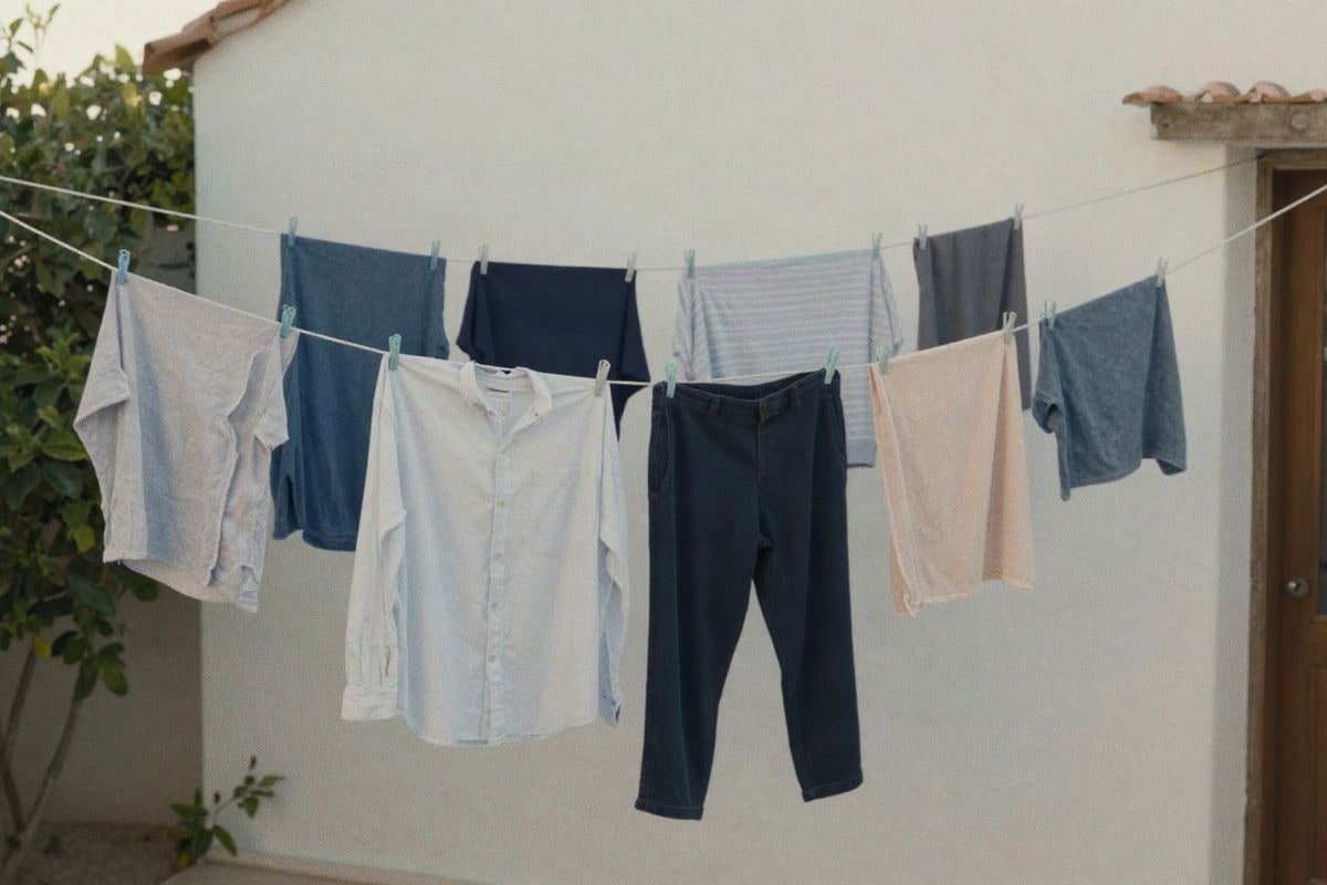 Illustrative image: clothes properly spaced drying on a clothesline during daytime.