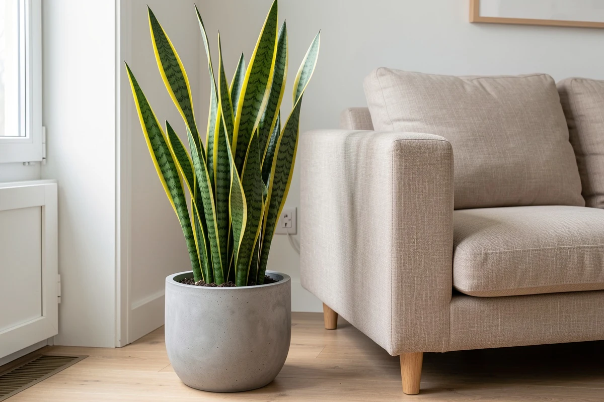Close-up of snake plant in gray pot next to linen armchair