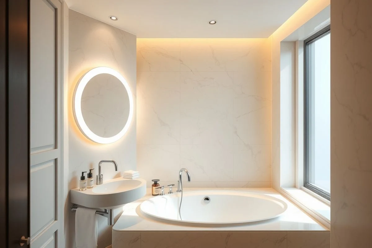 Bathroom with neutral mirror lighting and warm ambient light for relaxation