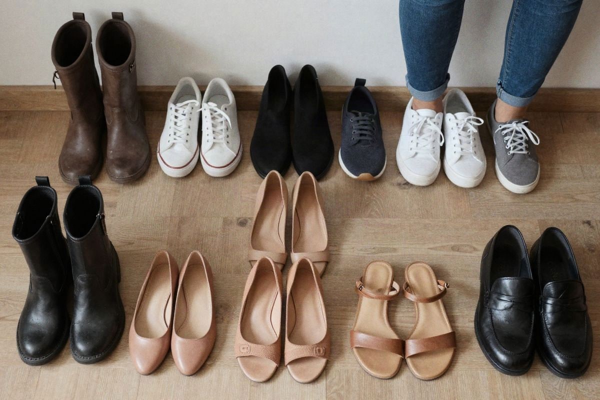 Illustrative image: Variety of shoe types including boots, heels, sneakers, and sandals.