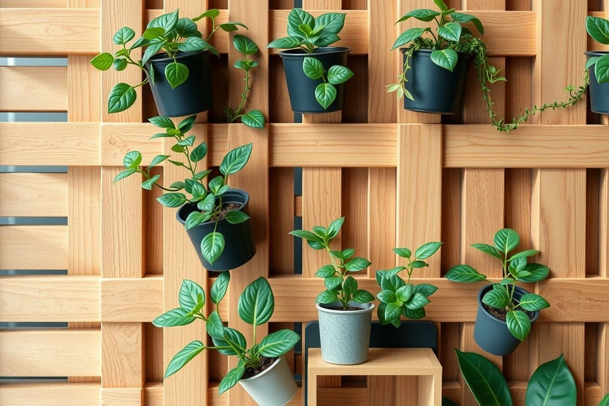 Sistema de jardín vertical en listones de madera con plantas pequeñas