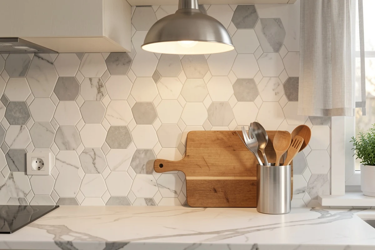 Adhesive hexagonal tile backsplash in renovated kitchen wall