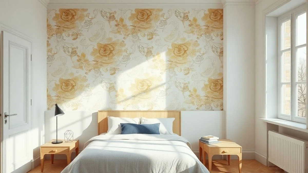 Bedroom with delicate patterned wallpaper on the headboard wall